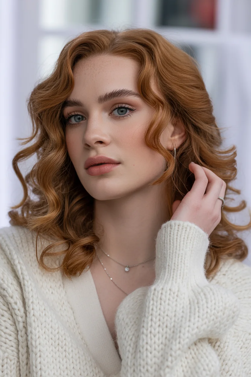 warm summer auburn hair color 2026 Defined Auburn Curls With a Subtle Vintage Edge