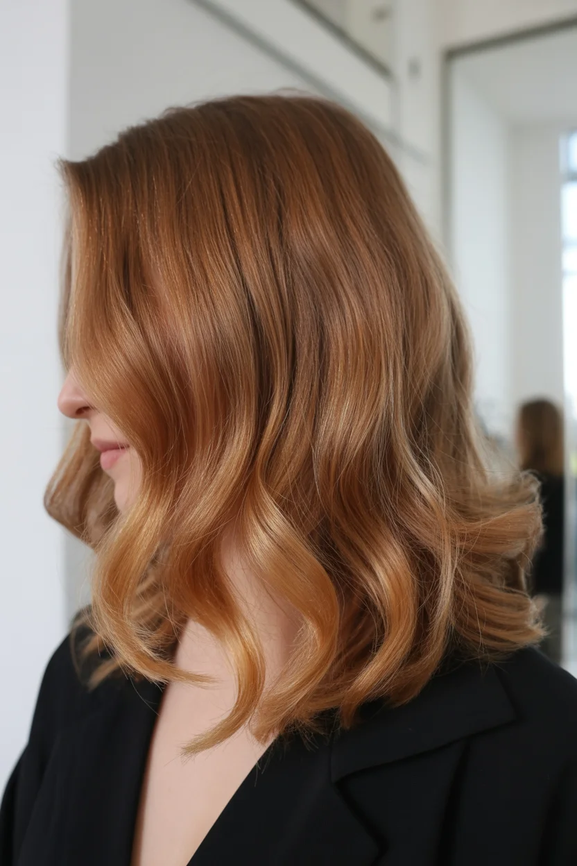 warm summer auburn hair color 2026 Layered Auburn Lob With Sunlit Dimension