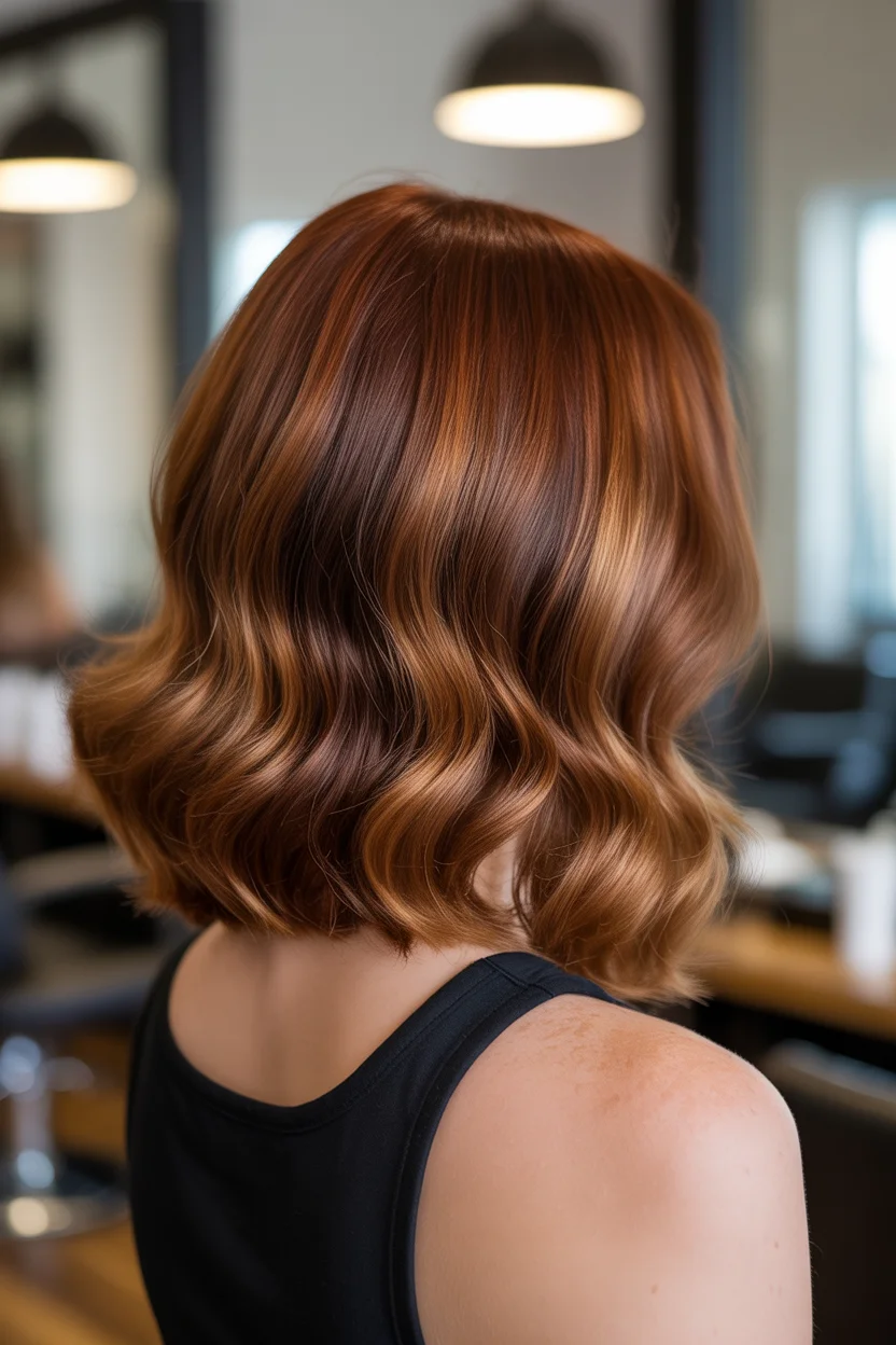 warm summer auburn hair color 2026 Glossy Auburn Waves That Look Almost Liquid