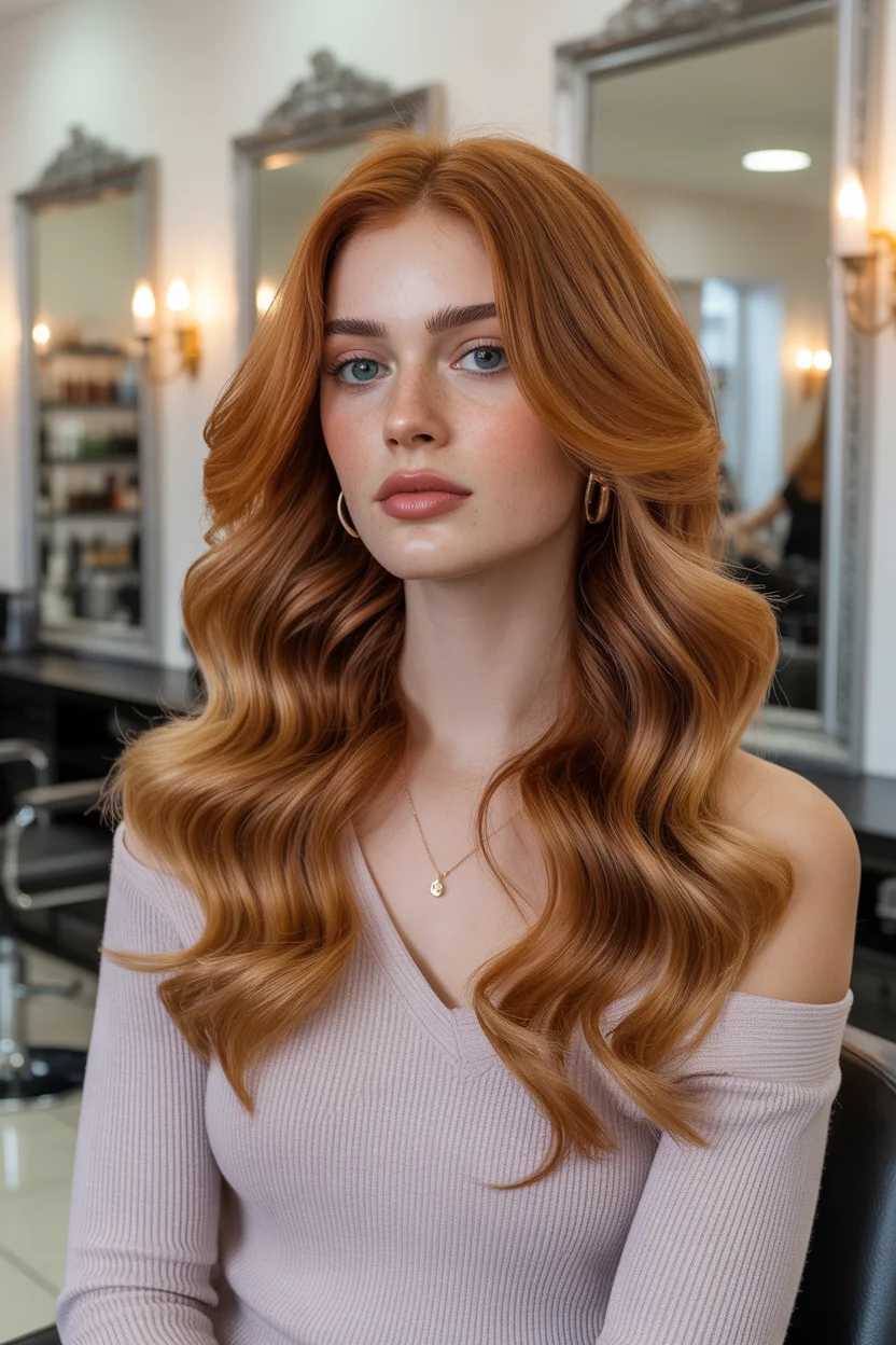 warm summer auburn hair color 2026 Polished Auburn Waves With Salon Level Glow