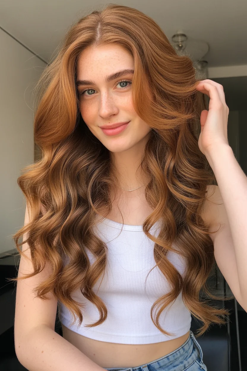 warm summer auburn hair color 2026 Soft Sunlit Auburn Lengths With Effortless Movement