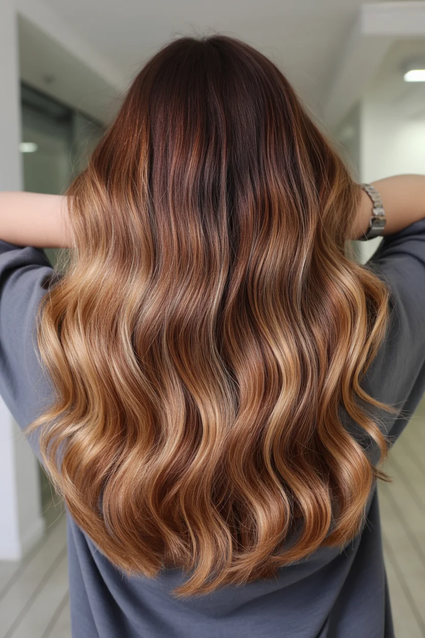 warm summer auburn hair color 2026 Deep Auburn Melt With Golden Balayage Dimension