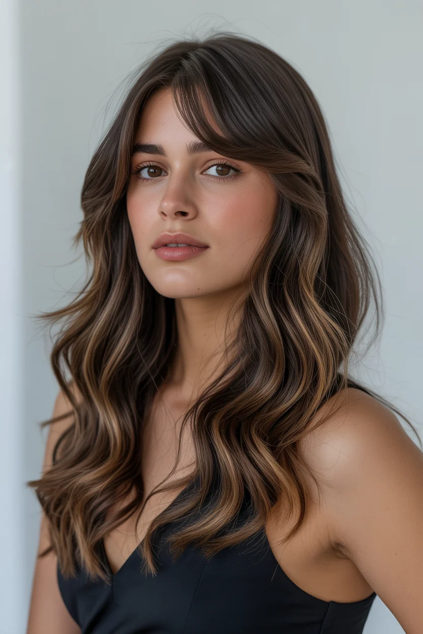 warm summer brunette hair color 2026 Soft Cocoa Waves with Barely-There Caramel Light
