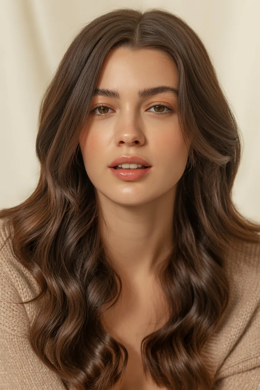 warm summer brunette hair color 2026 Classic Warm Brunette with Subtle Gloss Finish
