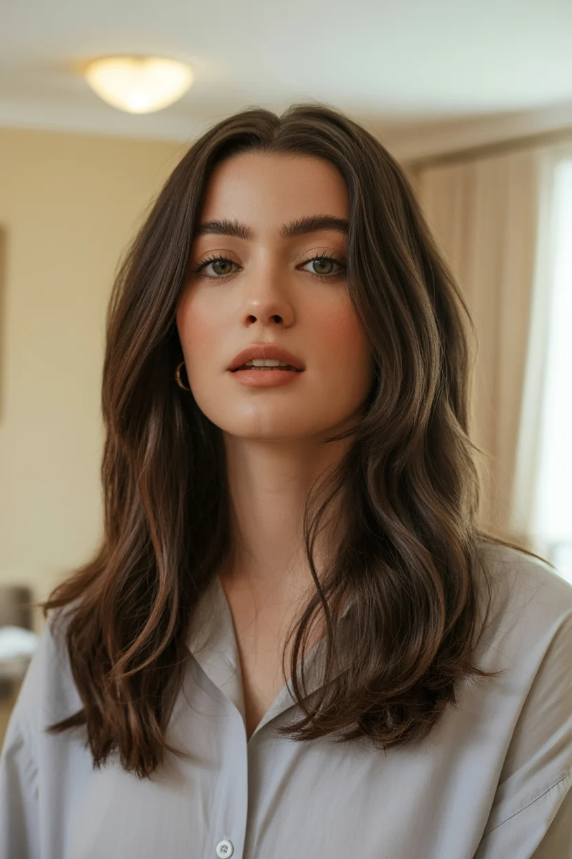 warm summer brunette hair color 2026 Polished Espresso Brunette with Soft Summer Lift