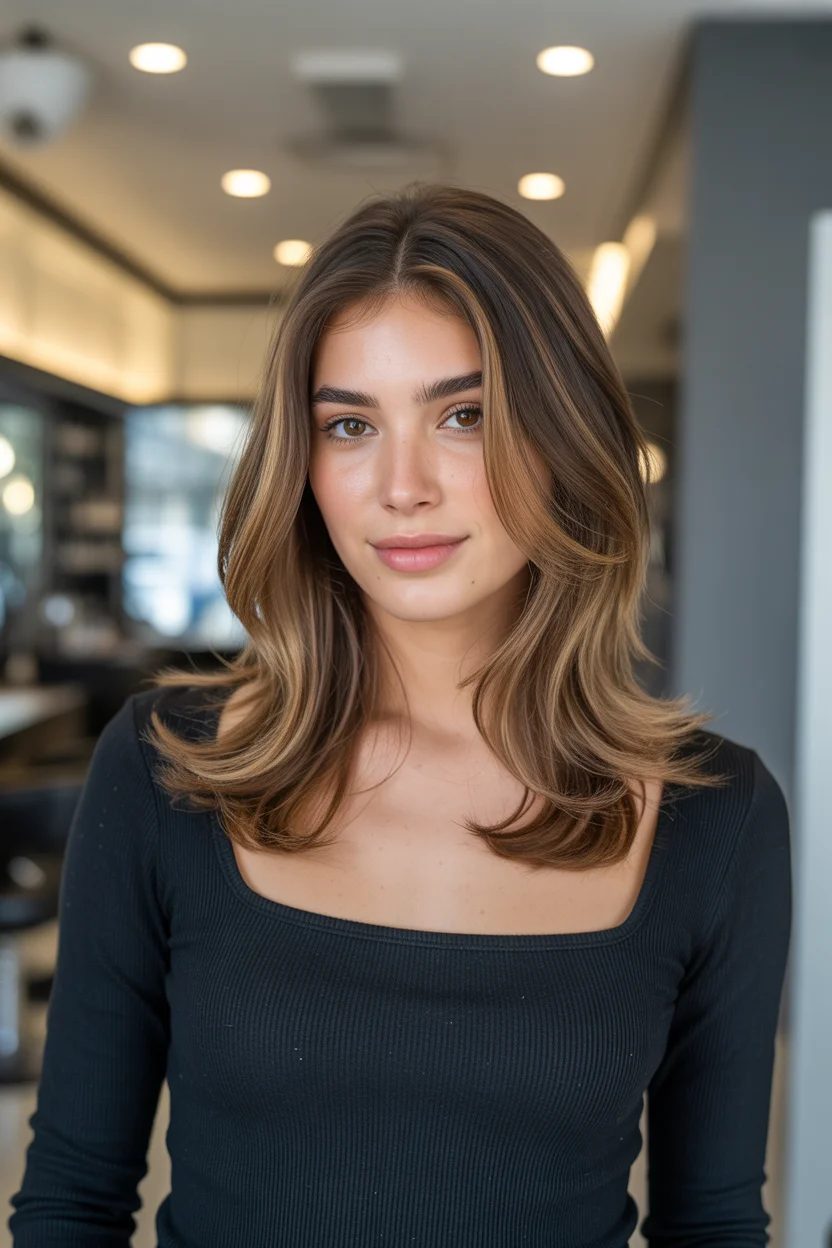 warm summer brunette hair color 2026 Face-Framing Honey Brunette with Airy Layers