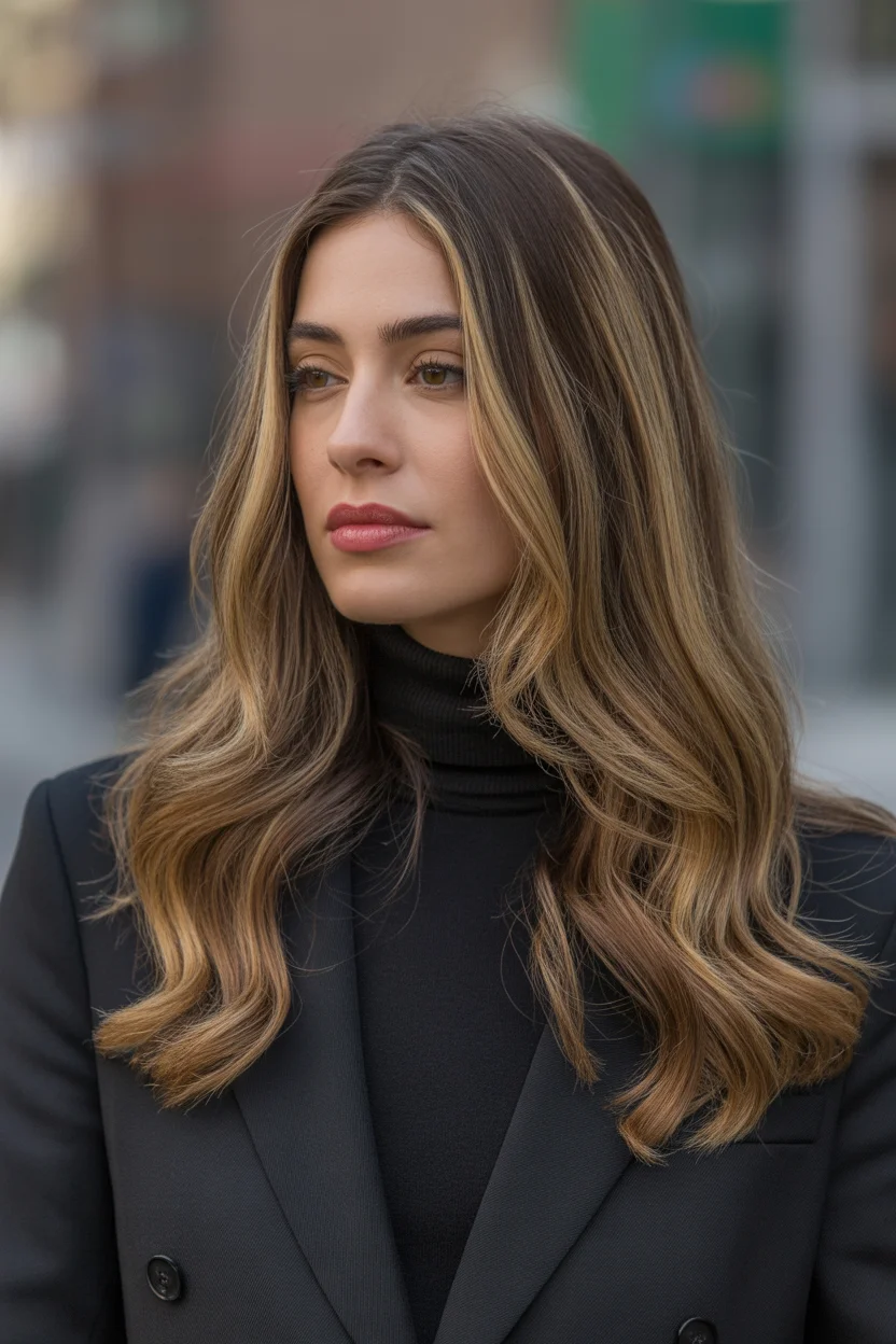 warm summer brunette hair color 2026 Golden Face-Framed Brunette with Urban Contrast