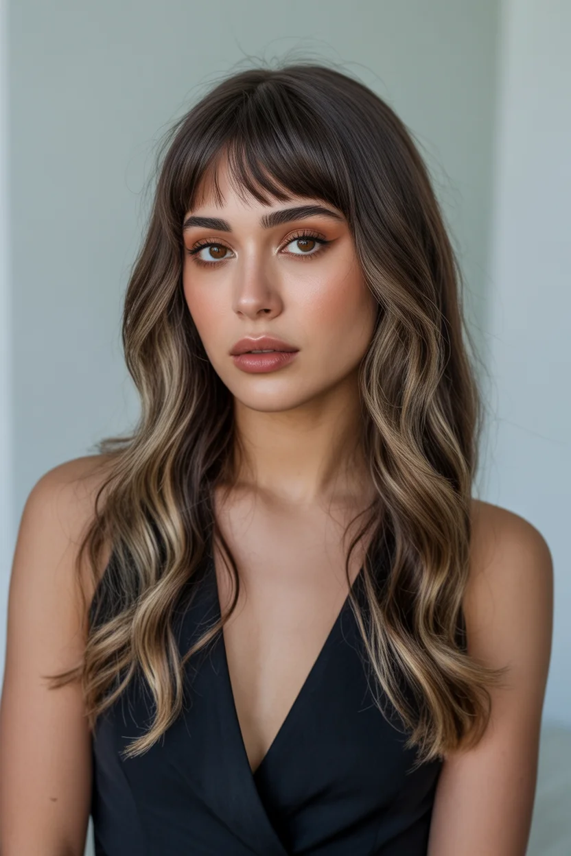 warm summer brunette hair color 2026 Soft Fringe Brunette with Sunlit Dimension