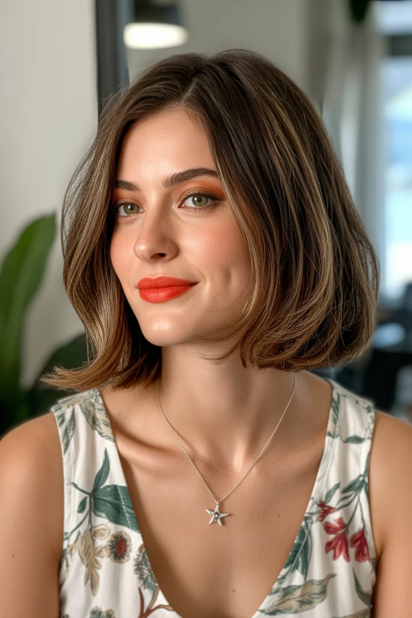 warm summer brunette hair color 2026 Chic Brunette Bob with Warm Reflective Ends