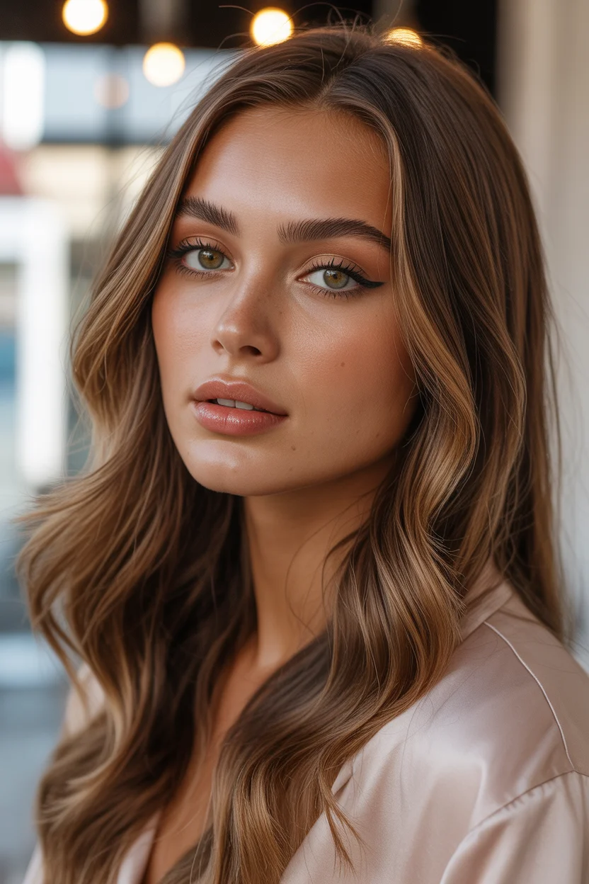 warm summer brunette hair color 2026 Glossed Honey Brunette with Luminous Waves