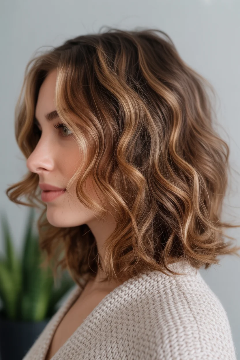 warm summer brunette hair color 2026 Textured Caramel Brunette Bob with Defined Waves