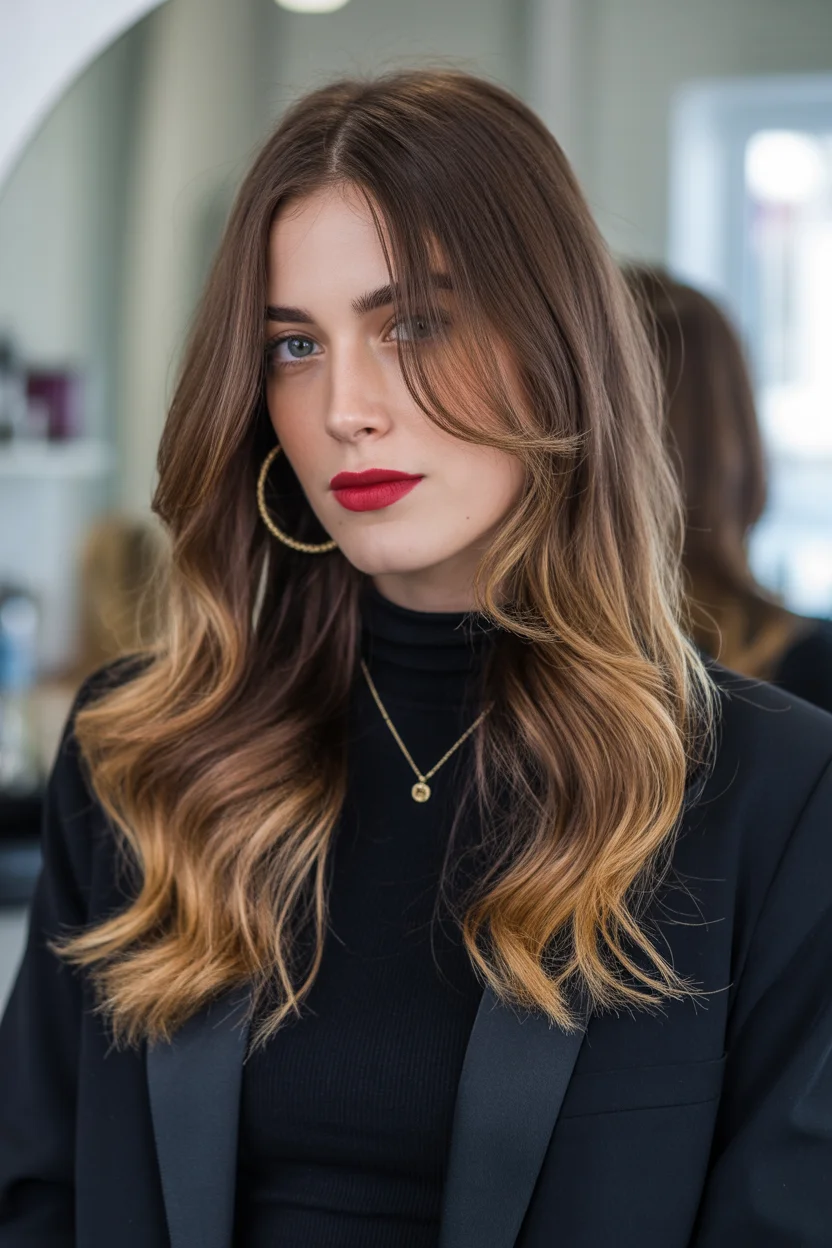 warm summer brunette hair color 2026 Glossy Brunette Melt with Golden Ends
