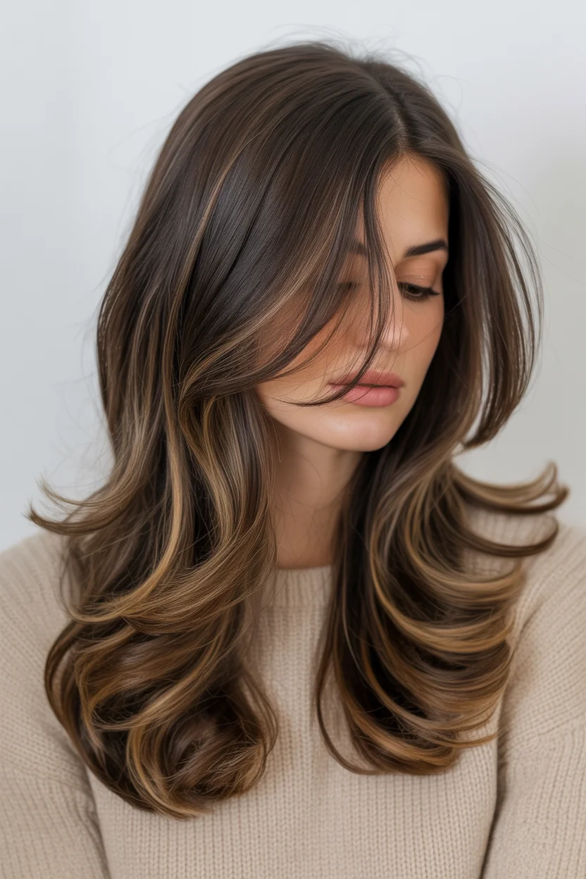 warm summer brunette hair color 2026 Layered Chestnut Flow with Luminous Ribbons