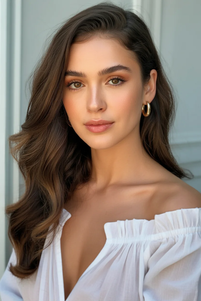 warm summer brunette hair color 2026 Deep Espresso Waves with Subtle Summer Warmth