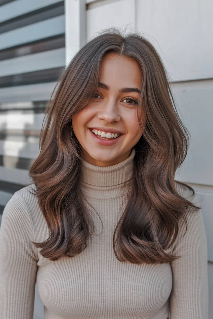 warm summer brunette hair color 2026 Sunlit Mocha Layers with Natural Movement