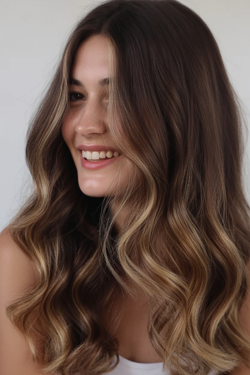 warm summer brunette hair color 2026 Caramel Ribbon Brunette with Soft Contrast
