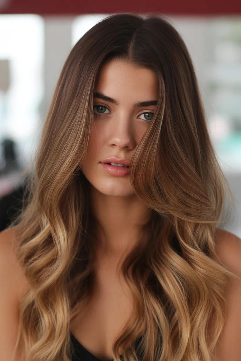 warm summer brunette hair color 2026 Golden Melt Brunette with Seamless Balayage