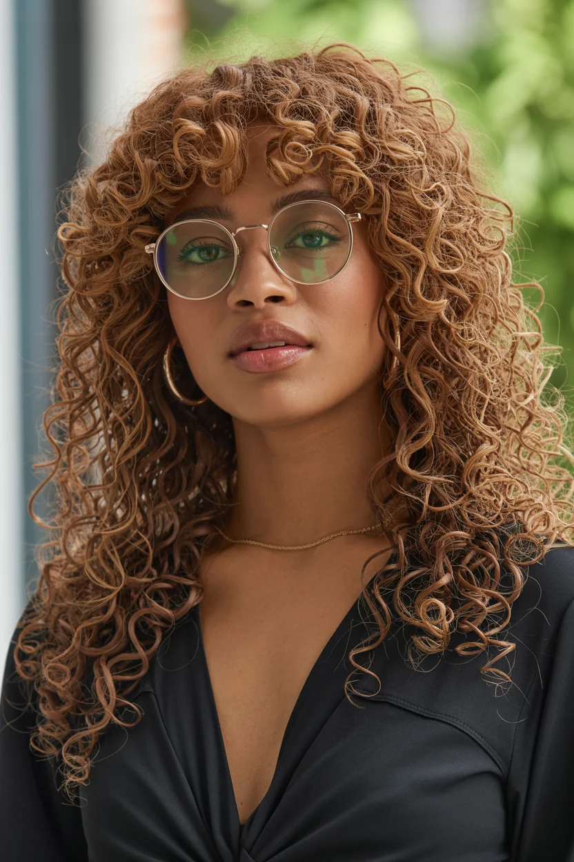 warm summer hair color for dark skin 2026 Honey Cinnamon Curls With Soft Retro Energy