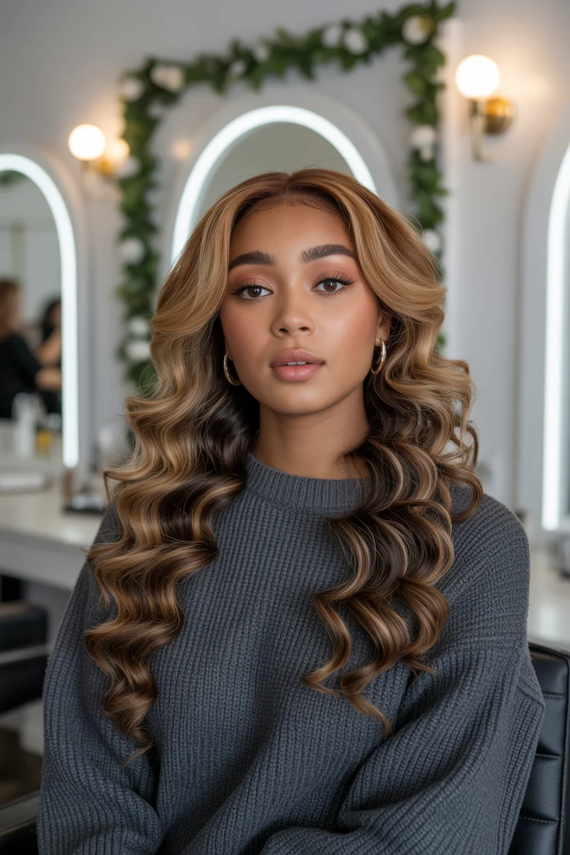 warm summer hair color for dark skin 2026 Toasted Caramel Curls With Dimensional Salon Gloss