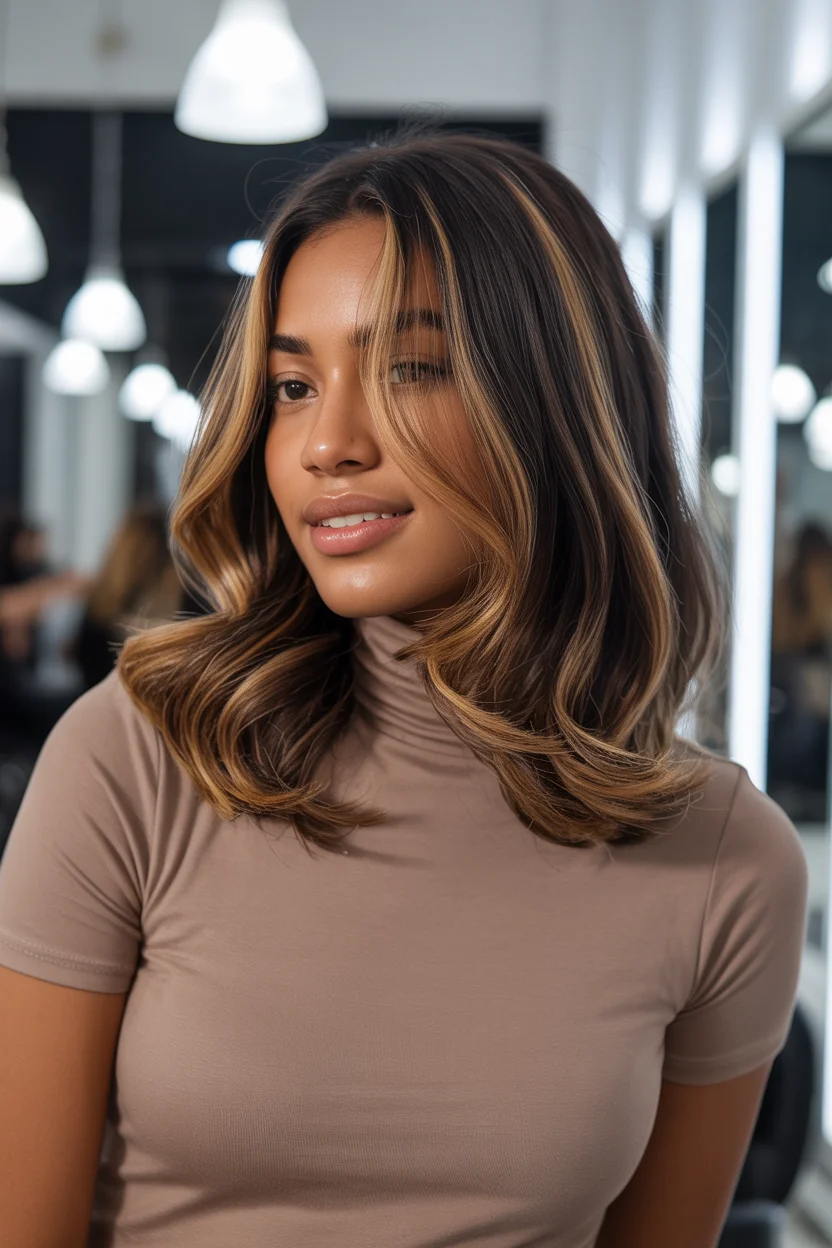 warm summer hair color for dark skin 2026 Soft Cinnamon Lob With Subtle Golden Dimension