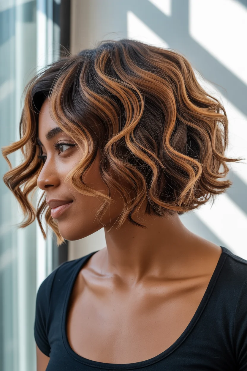 warm summer hair color for dark skin 2026 Wavy Espresso Bob With Golden Copper Ribbons