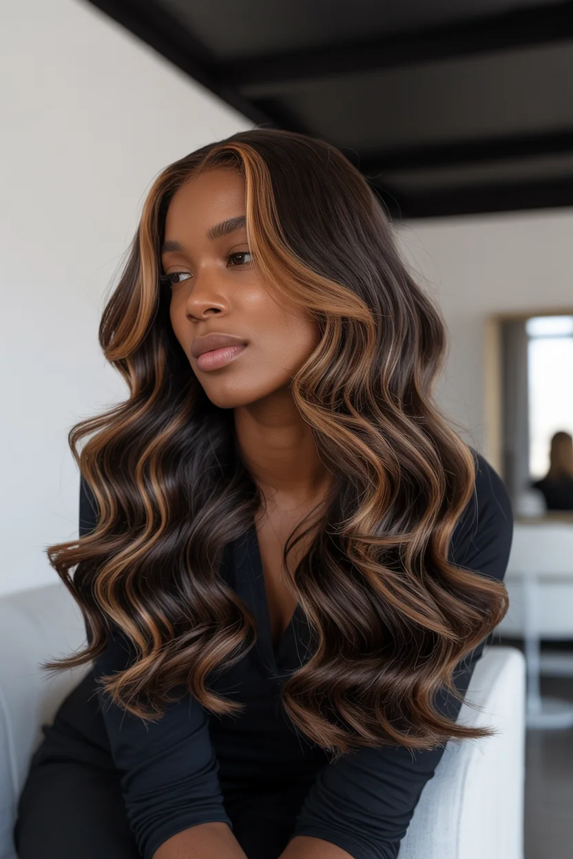 warm summer hair color for dark skin 2026 Dark Chocolate Waves With Caramel Contour Highlights
