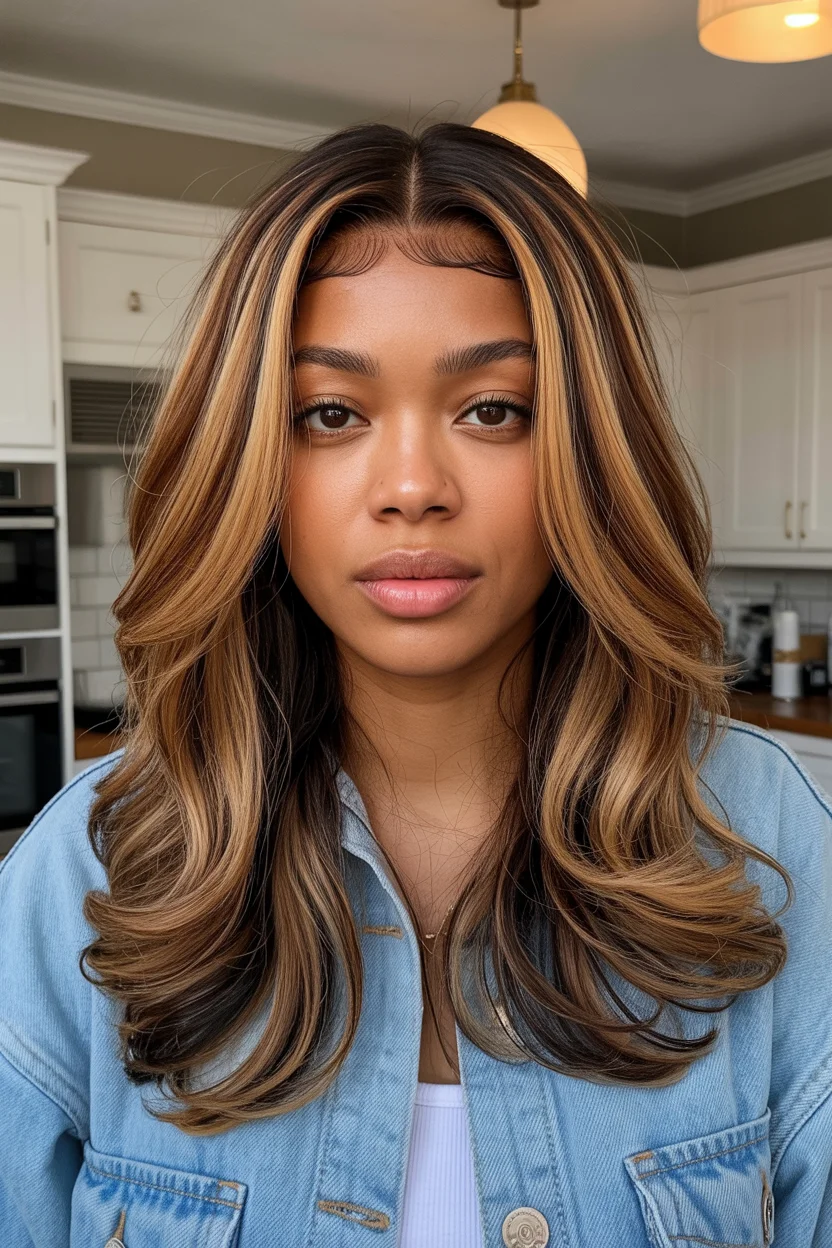 warm summer hair color for dark skin 2026 Butter Caramel Blowout With Face-Framing Brightness