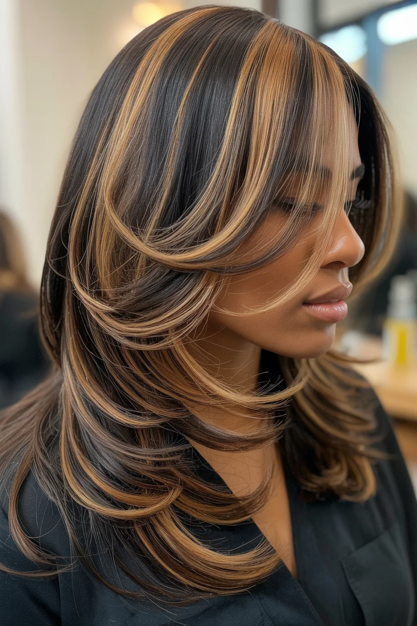 warm summer hair color for dark skin 2026 Layered Mocha Hair With Soft Caramel Ribbon Highlights