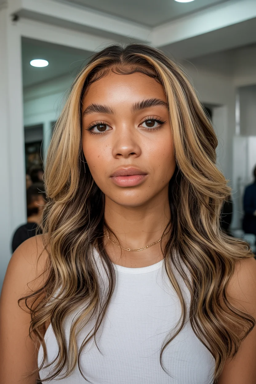 warm summer hair color for dark skin 2026 Butter Blonde Contouring On Deep Brunette Waves