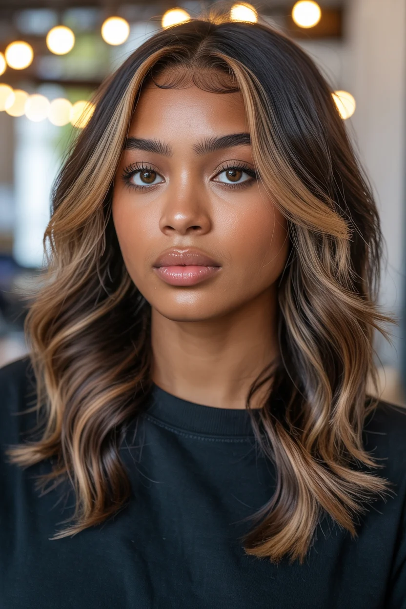 warm summer hair color for dark skin 2026 Soft Espresso Waves With Melted Toffee Highlights
