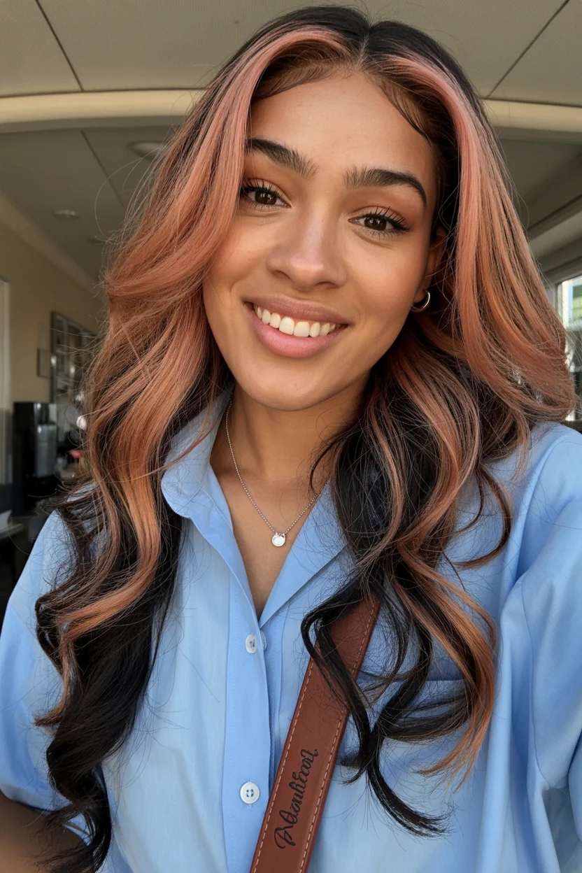 warm summer hair color for dark skin 2026 Rosy Peach Money Pieces For A Softer Summer Glow