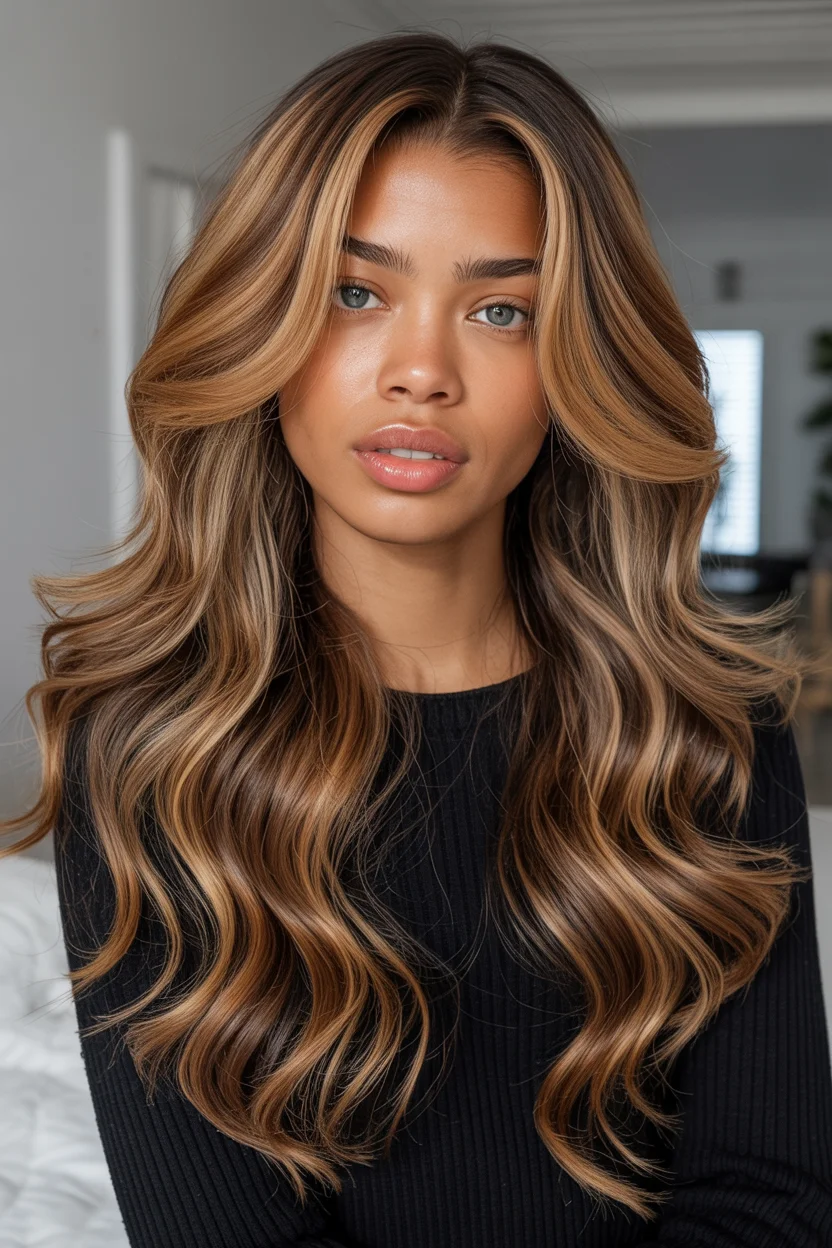 warm summer hair color for dark skin 2026 Golden Bronze Waves That Catch Every Bit Of Summer Light
