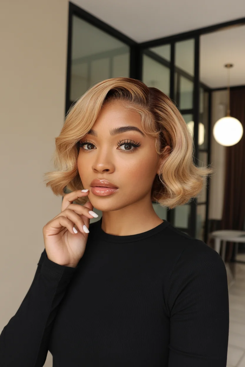 warm summer hair color for dark skin 2026 Vintage Blonde Bob With A Soft Champagne Finish