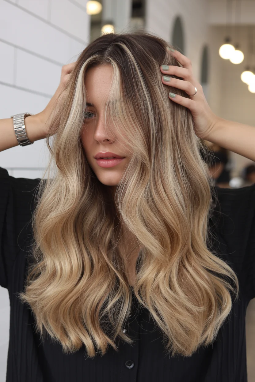 warm summer hair color for tan skin 2026 Buttery Vanilla Waves With Shadow Roots