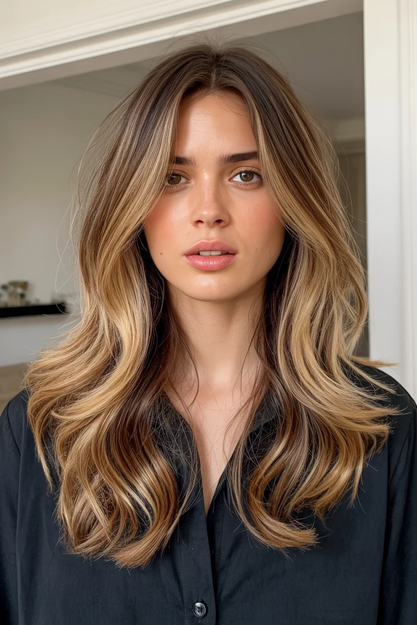warm summer hair color for tan skin 2026 Honey Bronde Layers With Airy Blowout Volume