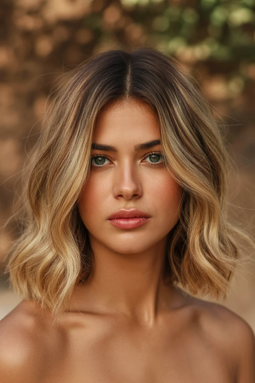 warm summer hair color for tan skin 2026 Sunlit Blonde Bob With Shadowed Roots