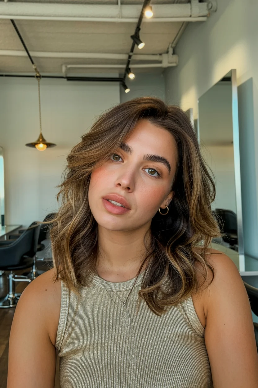 warm summer hair color for tan skin 2026 Soft Walnut Waves With Subtle Honey Dimension