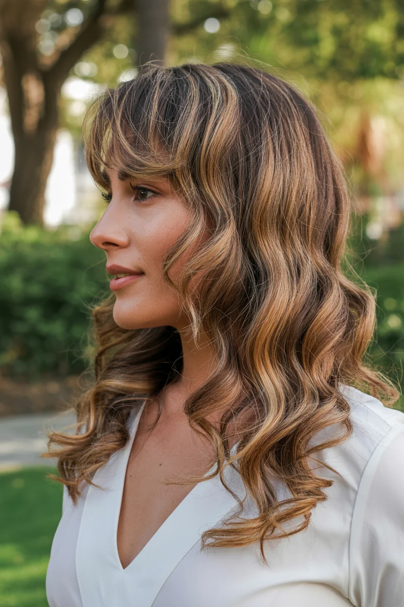 warm summer hair color for tan skin 2026 Golden Ribbon Curls With Wispy Fringe
