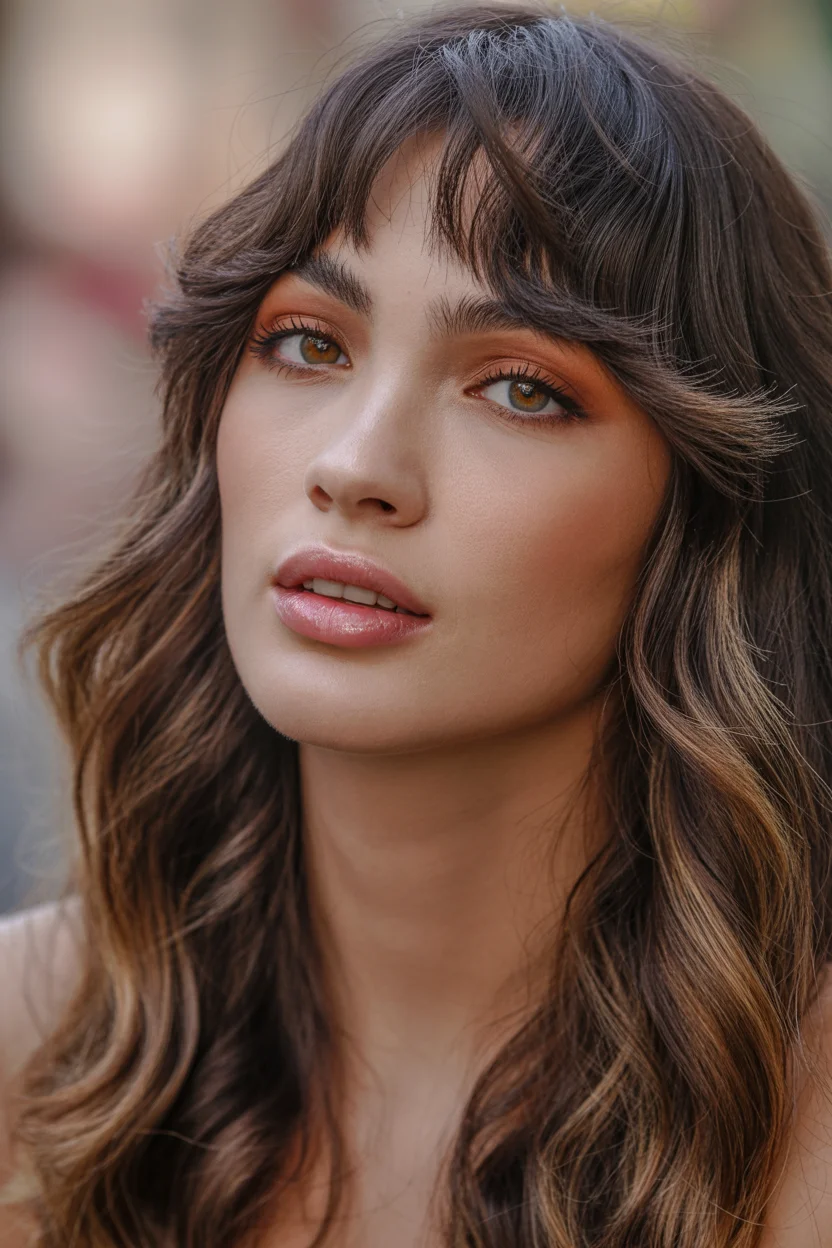 warm summer hair color for tan skin 2026 Cinnamon Mocha Layers With Feathered Bangs