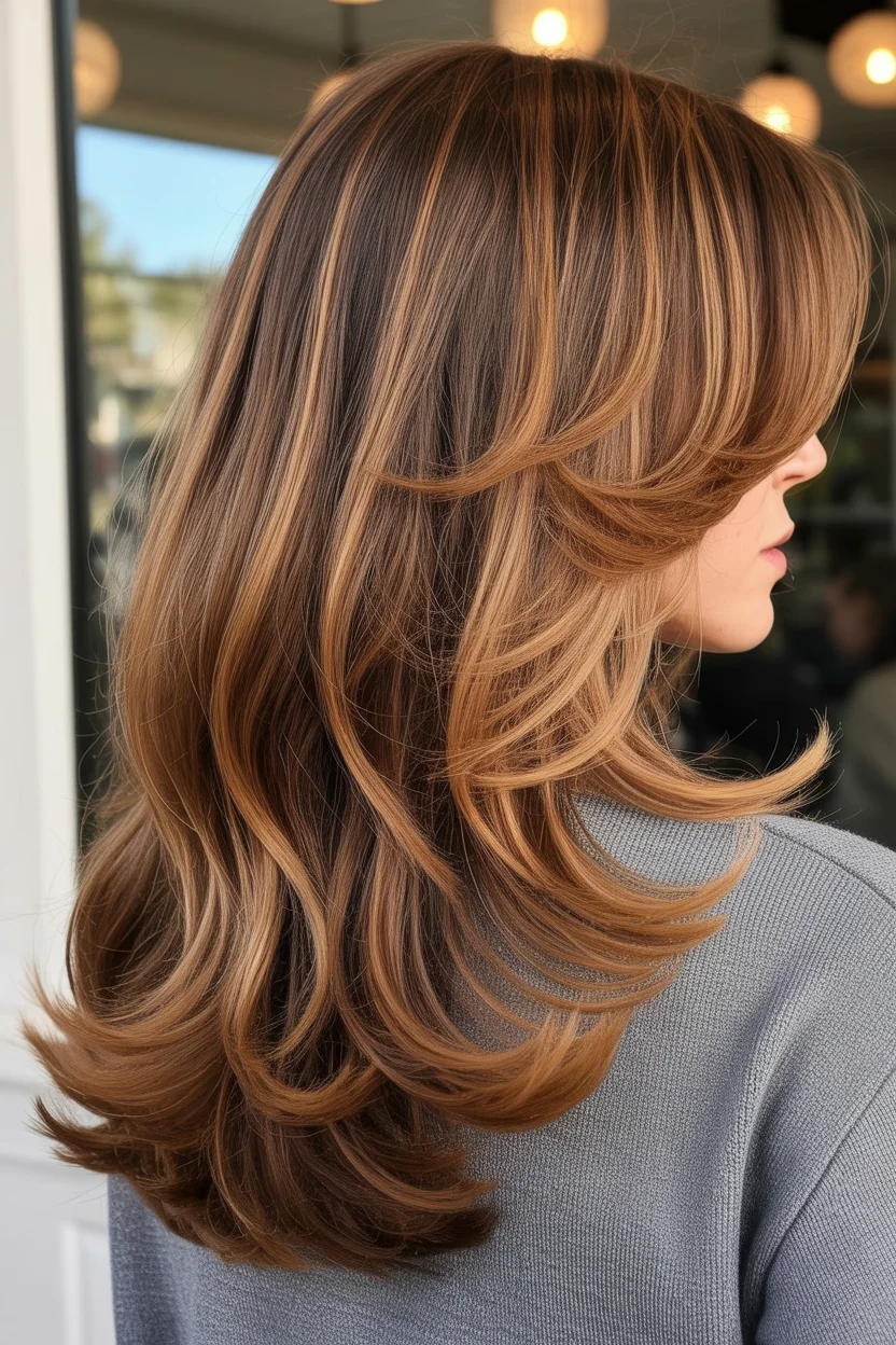 warm summer hair color for tan skin 2026 Caramel Layered Blowout With 90s Movement