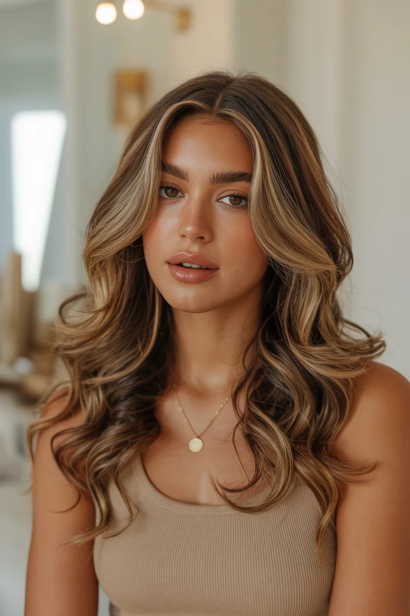 warm summer hair color for tan skin 2026 Honey Beige Glam Waves With Luxe Volume