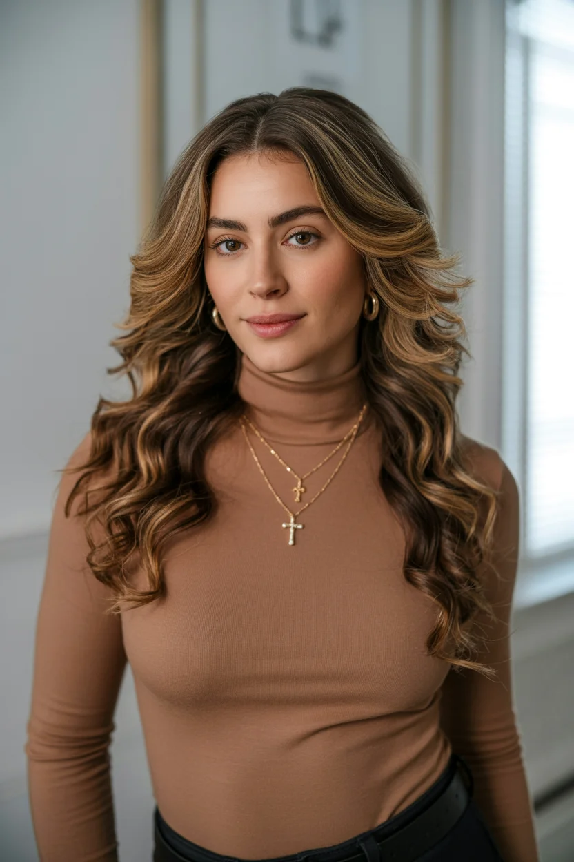 warm summer hair color for tan skin 2026 Soft Mocha Curls With Honey Contouring