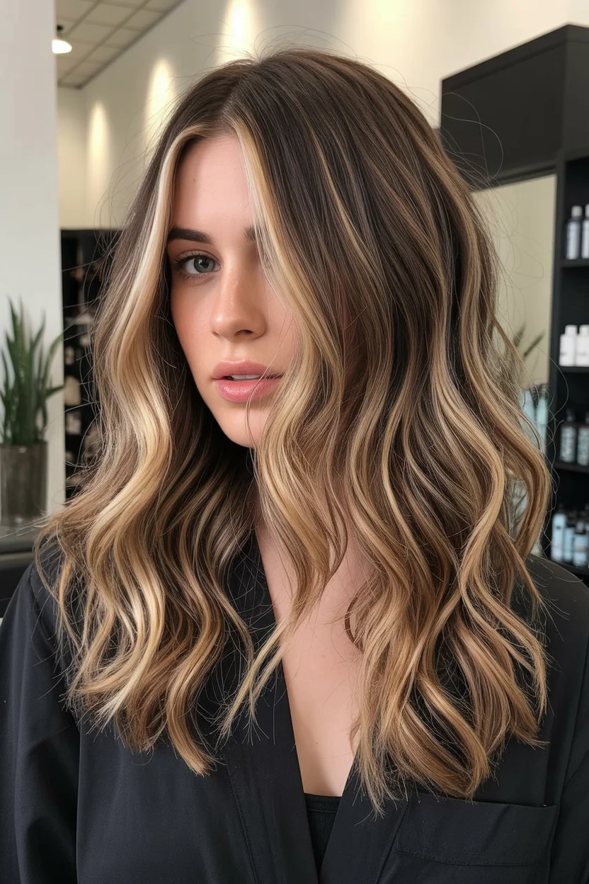 warm summer hair color for tan skin 2026 Dimensional Espresso Waves With Bold Blonde Ribbons