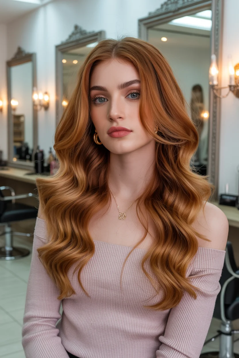 warm summer hair color for tan skin 2026 Golden Copper Glamour With Soft Hollywood Volume