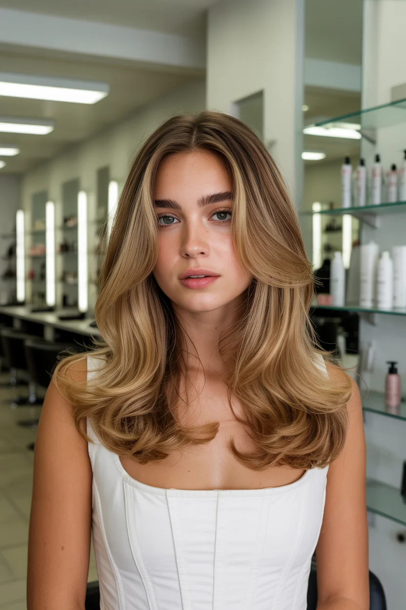 warm summer hair color for tan skin 2026 Honey Champagne Layers With a Soft Blowout Finish