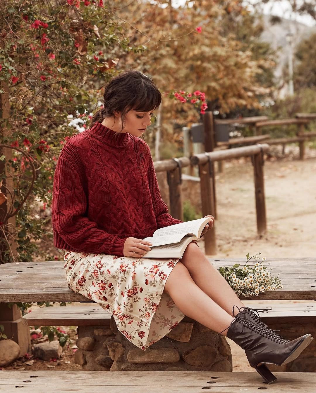 boho chic fall outfits 2026 Cable Knit Sweaters with Floral Skirts for Cozy Storybook Style