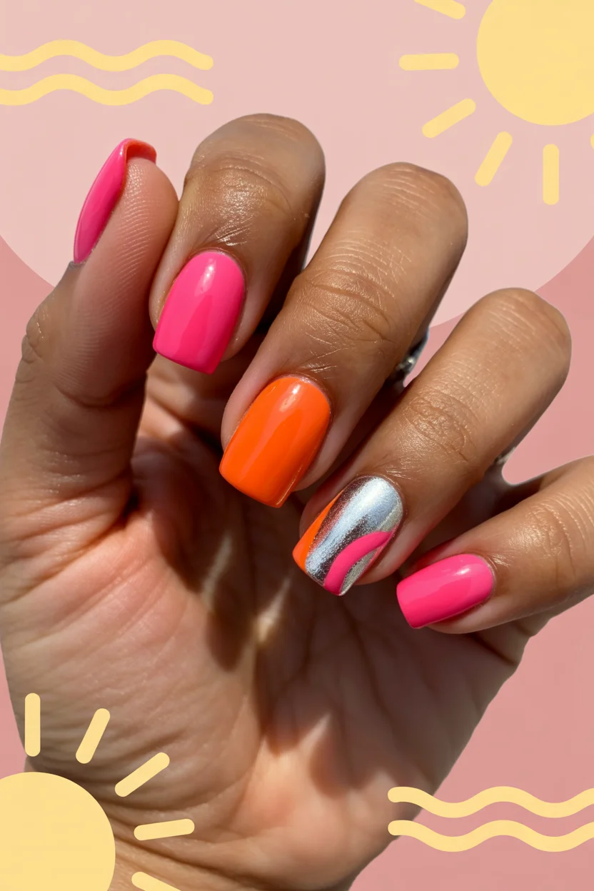 bright summer nails 2026 Hot Pink and Citrus Orange Create a Retro Summer Statement