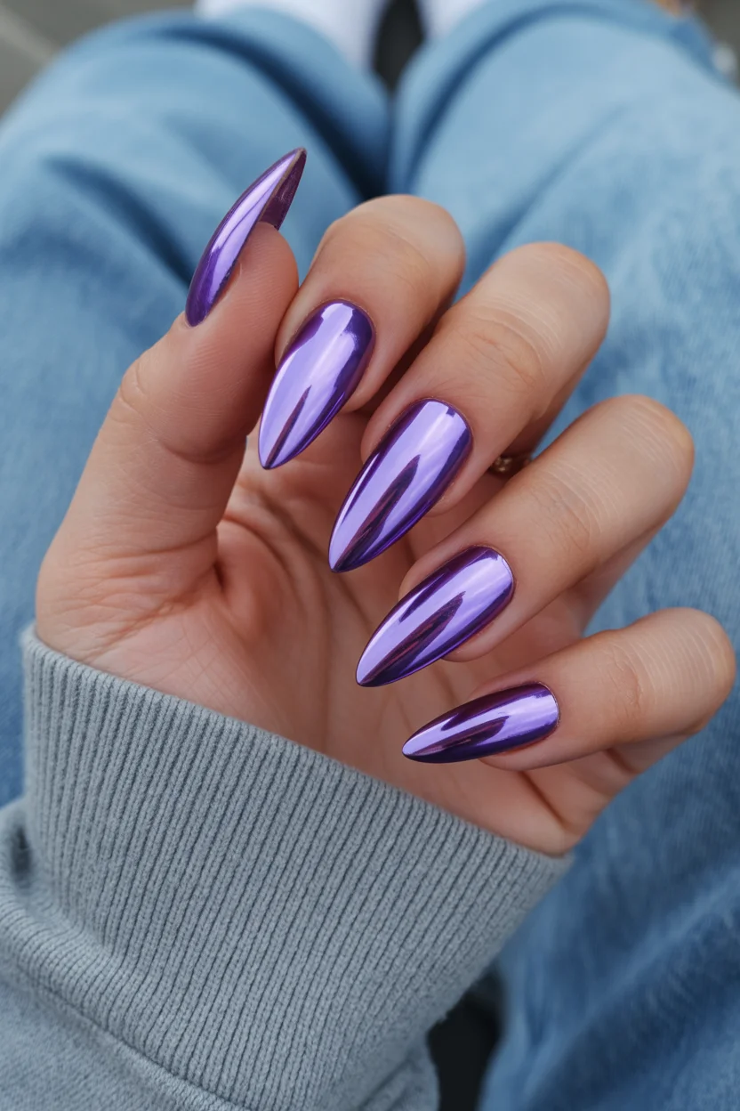 bright summer nails 2026 Electric Violet Chrome for a Modern Pop of Color