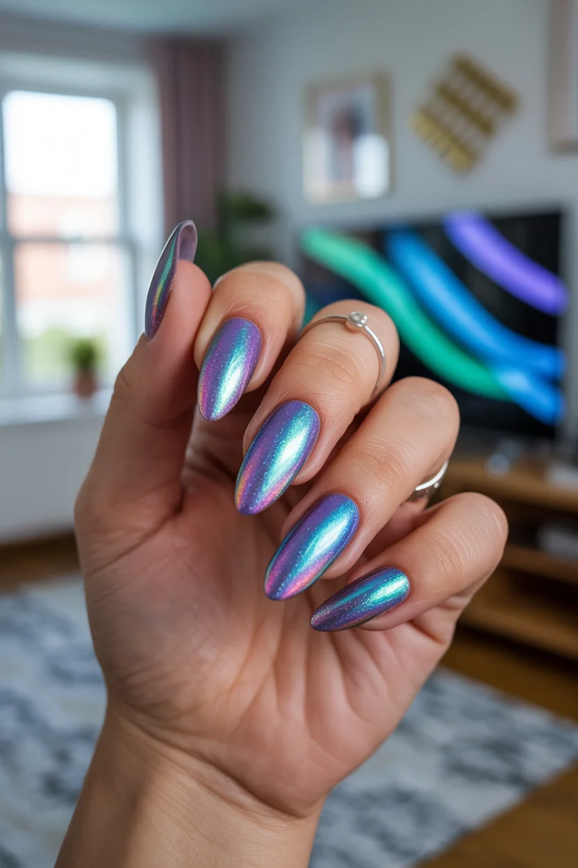 bright summer nails 2026 Mermaid Chrome Shimmer Takes Summer Into the Future