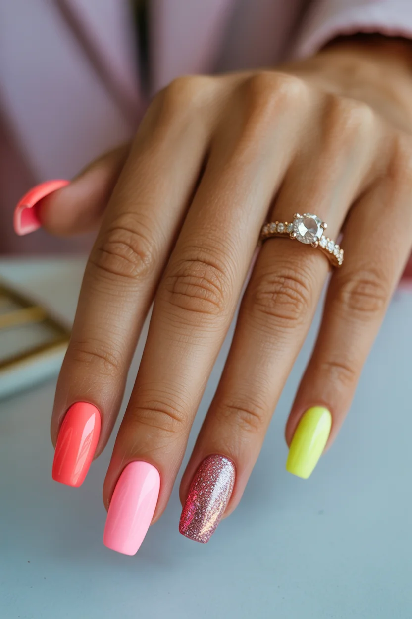 bright summer nails 2026 Neon Sorbet Mix for Playful Summer Energy